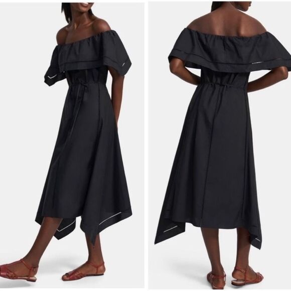 Theory Off Shoulder Dress Eyelet Ladder Black Size 0 - Picture 1 of 8